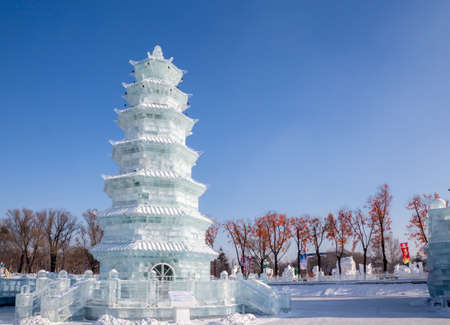Harbin, China 01/21/2016 Ice pagoda on a sunny day at the ice festival in Harbinのeditorial素材