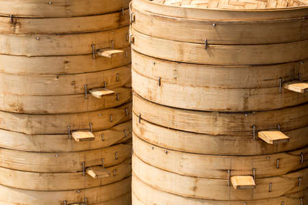 Chinese steamer for buns in sunlight backgroundの写真素材