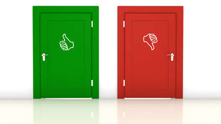 A red door with a thumbs down and a green door with thumbs up symbol 3D illustrationの写真素材
