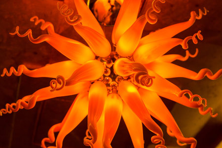 Gloomy flower style lamp background in orange made from glassの写真素材