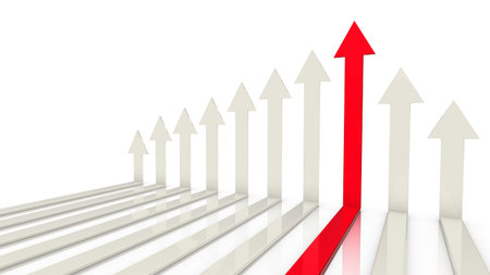 White arrows 3D illustration with several white arrows and one red reaching the highest point...