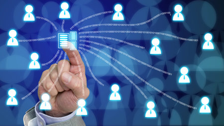 Hand of a businessman pressing a text icon which is connected to business people icons with a line...