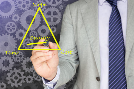 A businessman in a grey suit underlines the word quality in the project management triangle of cost,...
