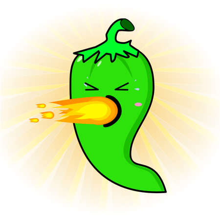 Green chili pepper kawaii style spitting fire on a star background fading into whiteの写真素材