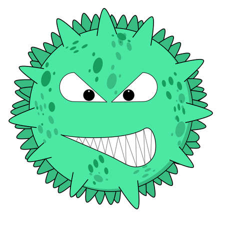 Green virus illustration with a fierce face and fletching teethの写真素材