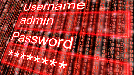 Screen with two text fields with username and password entry closeup in red 3D illustration on digital strains backgroundの写真素材