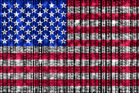 American flag texture with digital zeros and ones strains glowing in the national colorsの写真素材