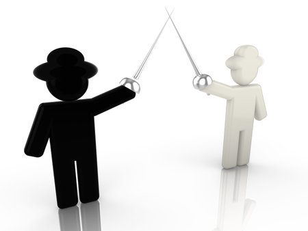 A black hat hacker is fencing with a white hat hacker 3D illustration internet security conceptの写真素材