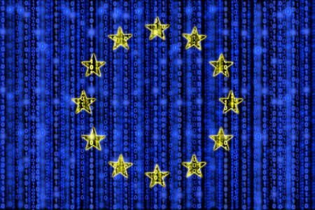 European flag texture with digital zeros and ones strains glowing in the blue background and yellow star circleの写真素材