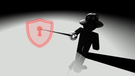 Black hat hacker piercing shield with a rapier showing cracks 3D illustration security breach conceptの写真素材