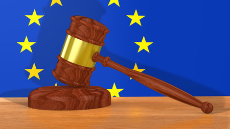 Brown golden wooden gavel on a table in front of a European flag 3D illustrationの写真素材