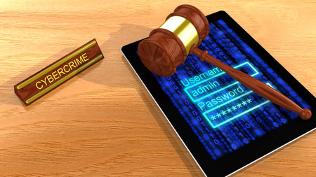 Gavel on a digital tablet with a blue digital background screen and a password entry field 3D illustration cybercrime conceptの写真素材