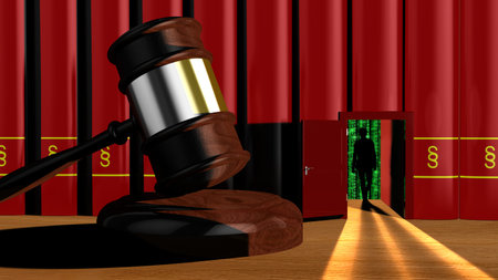 Black hat hacker walks through red books with a paragraph icon to get to a door that lead to a...