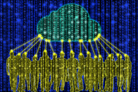 Silhouette of a crowd with a digital yellow texture in front of a digital blue background connected...
