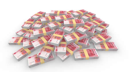 Huge pile of random Chinese 100 RMB bills isolated on white 3D illustrationの写真素材