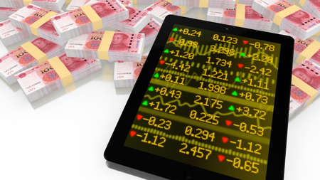 Tablet leaning on a pile of chinese RMB with a stock ticker screen online trading 3D illustrationの写真素材