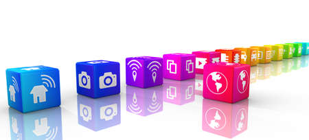 Internet of things icons on rainbow colored cubes in a row IOT 3D illustrationの写真素材