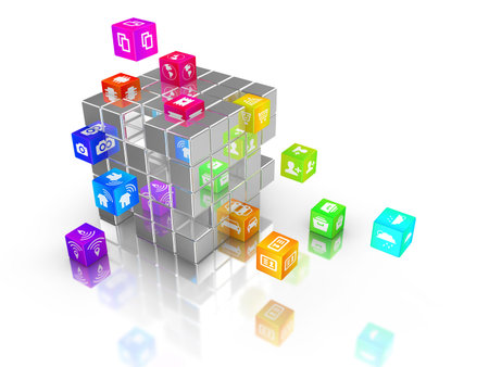 Internet of things icons on rainbow colored cubes flying out of a big cube IOT 3D illustration