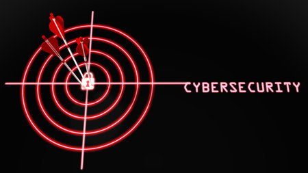 Three arrows hitting a padlock in the center of a target cybersecurity concept 3D illustration