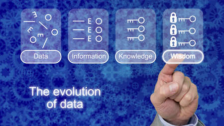 The evolution of data with icons on blue gear background touched by a finger on wisdomの写真素材