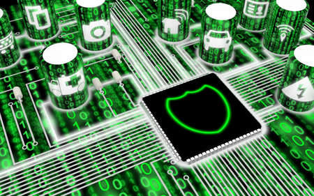 Circuit board with IOT icons in green with a shield on the main chip 3D illustration security conceptの写真素材