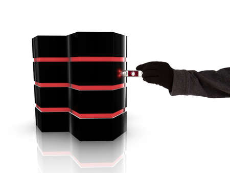 Hand of a hacker inserting a malicious usb stick into a server 3D illustrationの写真素材
