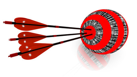 Three arrows hitting the center of a sphere with a digital texture cybersecurity concept 3D...