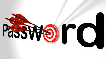 Three black arrows with a virus bug texture hitting the word password where the letter o is replaced by a circular target 3D illustration cybersecurity conceptの写真素材