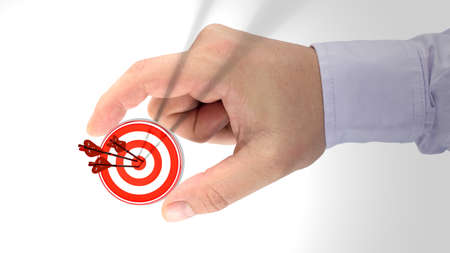 Hand holding a target which is hit by three arrows with a bug texture 3D illustrationの写真素材