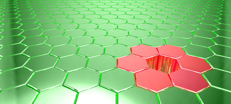 Green metal hexagon grid with light reflections and a hole surrounded by red shapes 3D illustration...