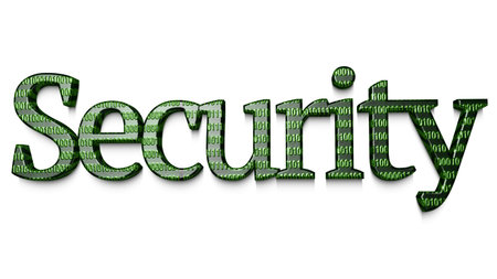 The word security in with an embossed digital texture in green 3D illustration
