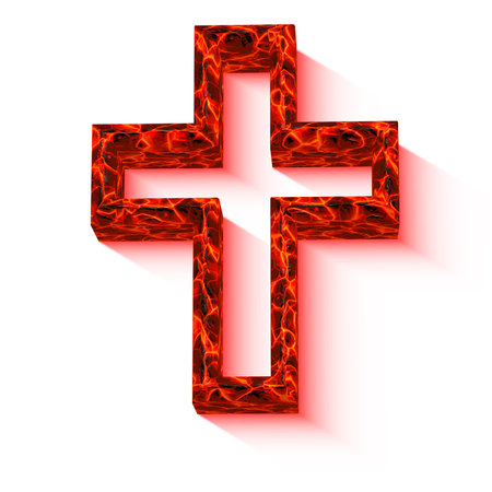 cross with lava texture isolated on whiteの写真素材