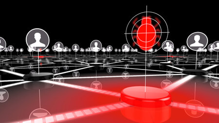 Dark network with glowing red node targeting a bug information security 3D illustrationの写真素材