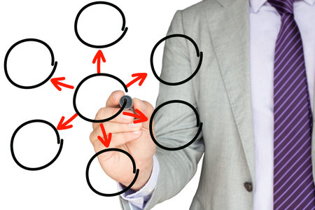 Businessman completing a circular empty flowchart with six circles and arrows pointing outwards from...