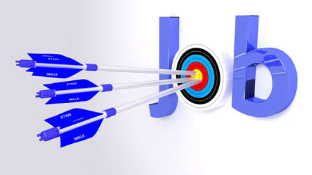 The word job where the o is a target hit by three blue arrows textured with skills search for work concept 3D illustrationの写真素材