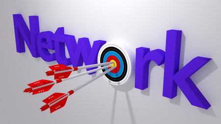 Three white arrows with a virus bug texture hitting the word network where the letter o is replaced by a circular target 3D illustration cybersecurity conceptの写真素材