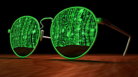 Brown table with closeup of sunglasses reflecting a screen with green digital matrix streams cybersecurity concept 3D illustrationの写真素材