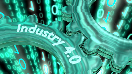 Two reflecting gears with the glowing word industry 4.0 on a digital stream background 3D...