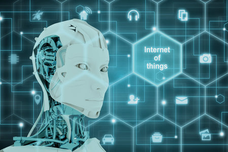 Internet of things concept with a female robot head looking at a grid with internet of things icons...