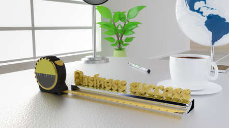 Tape placed next to the golden words business success measure growth concept 3D illustration on an office deskの写真素材