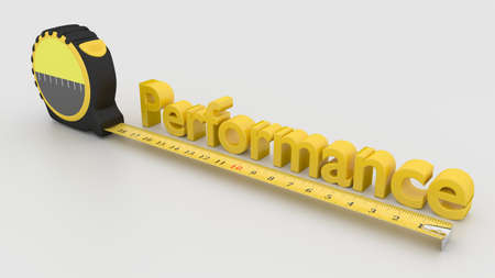 Tape placed next to the word performance measure performance concept 3D illustration on whiteの写真素材