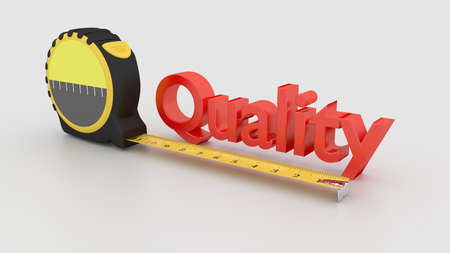 Tape placed next to the red quality project management measure success concept 3D illustration on whiteの写真素材