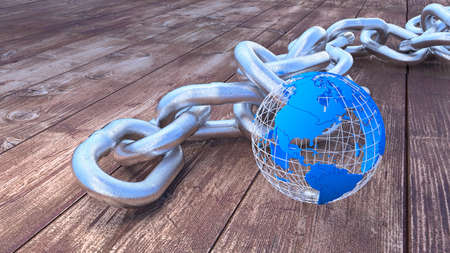 Global security concept heavy silver chain on wooden floor with small blue wireframe earth next to it 3D illustrationの写真素材