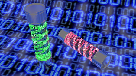 Two glass virus containers with red and green glowing digital code placed on a blue binary...