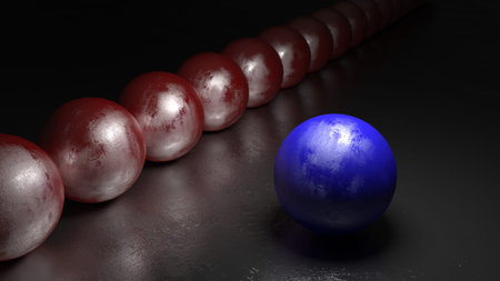One blue ball with stone texture standing apart from a row of red spheres on a black rock surface 3D...