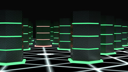 Dark server room with glowing hexagon supercomputers on a network floor and one hacked node cybersecurity 3D illustrationの写真素材