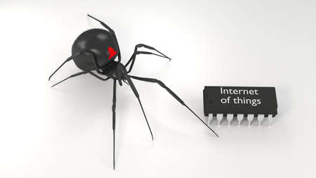 Black hairy spider with a hacker symbol approaching a microchip with the words internet of things cybersecurity iot 3D illustrationの写真素材