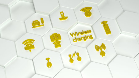 White hexagon towers with different height with golden icons on top abstract wireless charging concept 3D illustrationの写真素材