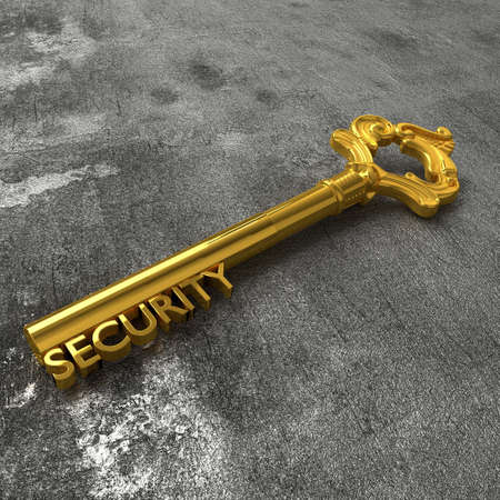 Golden vintage key with the word solution on a rough black stone table 3D illustrationの写真素材