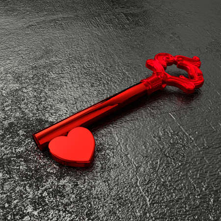 Red vintage key with a shiny heart on a rough black stone table 3D illustrationの写真素材